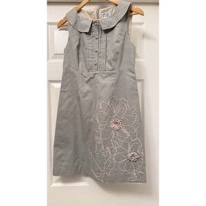 Tabitha Sheath Dress Women 8 Grey Peter Pan Collar Pintuck Floral Embroidered